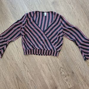 Striped faux wrap crop shirt bell sleeve